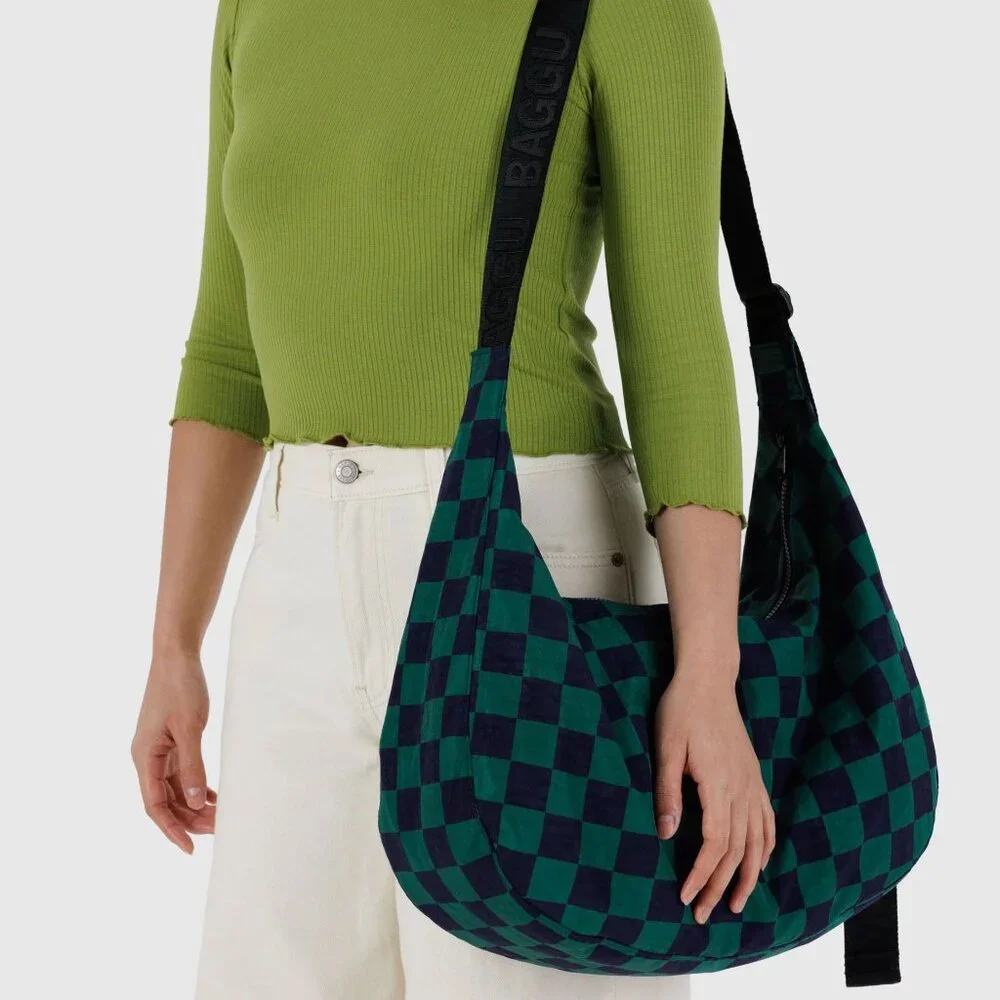 NWT Baggu Large Crescent Bag - Navy Green Check - Picture 4 of 5